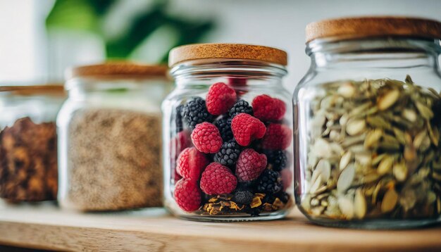 Photo glass jars filled with assorted organic freezedried foods on a wooden shelf