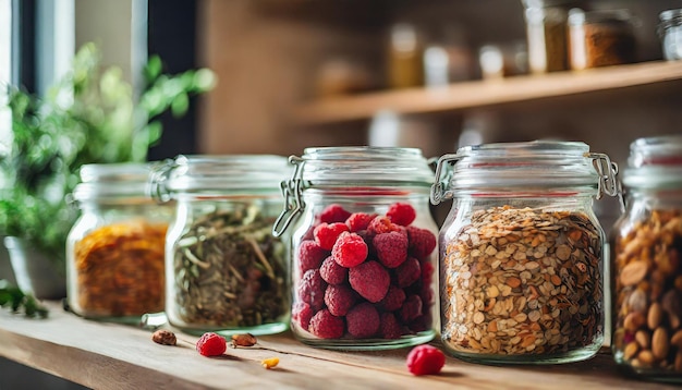 Photo glass jars filled with assorted organic freezedried foods on a wooden shelf