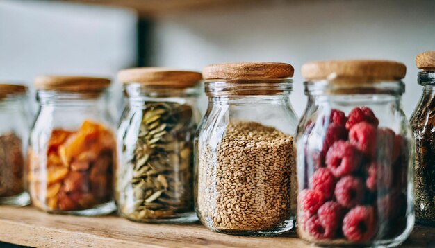 Photo glass jars filled with assorted organic freezedried foods on a wooden shelf