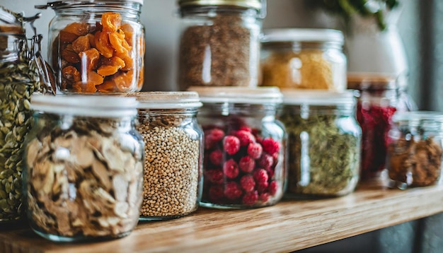 Photo glass jars filled with assorted organic freezedried foods on a wooden shelf