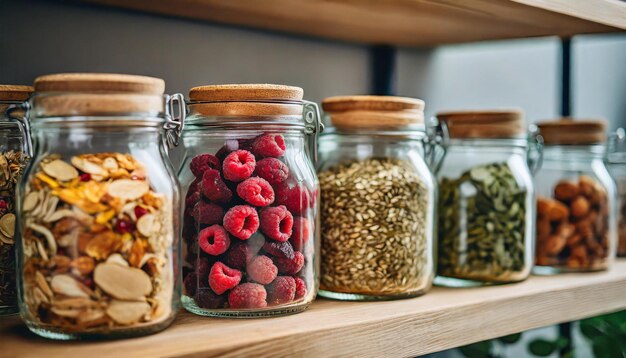 Glass jars filled with assorted organic freezedried foods on a wooden shelf
