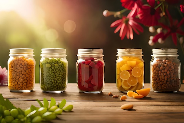 Glass jars of fruit and a bouquet of flowers