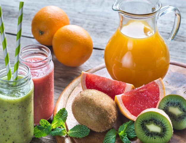 Photo glass jars of fruit  smoothies