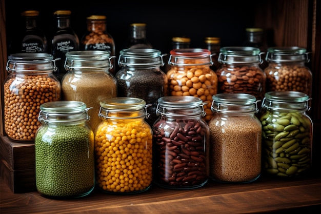 Glass jars showcase the diversity of legumes and beans from dried to fresh