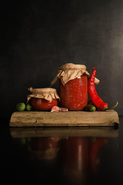 Фото Стеклянные банки с экзотическим острым томатным соусом, аджикой и ингредиентами на деревянной доске на черном