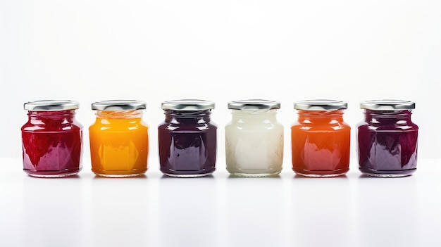 Glass jars with jam of different colors from different fruits lined up white background preservation