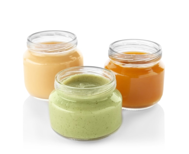 Glass jars with nutrient baby food