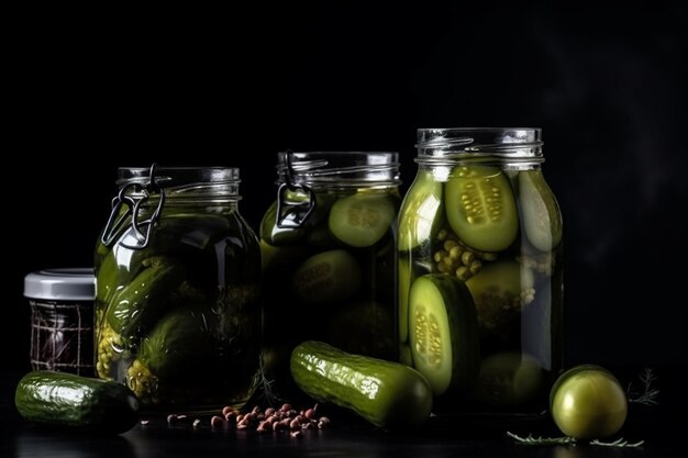 Photo glass jars with pickled cucumbers on black background copy space