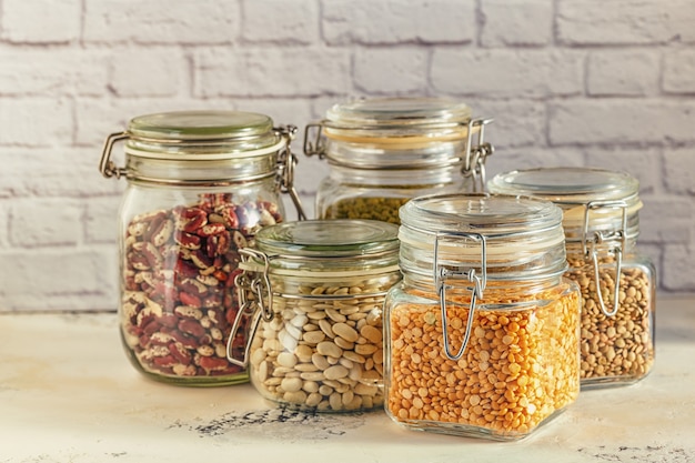 Glass jars with various legumes