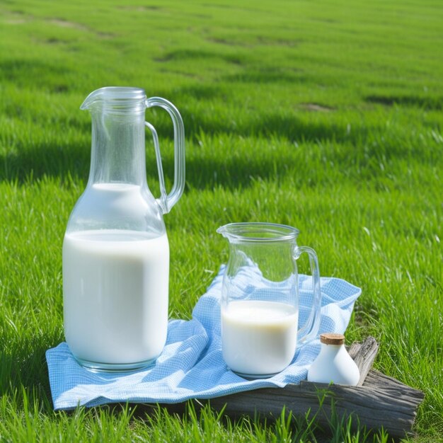 Glass jug and bottle of fresh milk