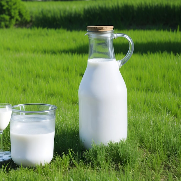 Glass jug and bottle of fresh milk