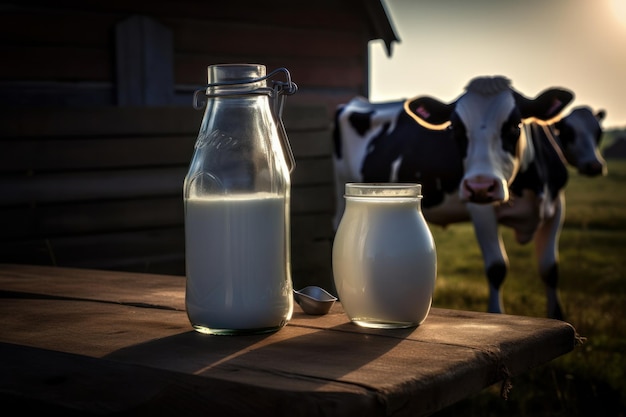 木のテーブルの上に牛乳の入ったガラスの水差しとクリームの瓶