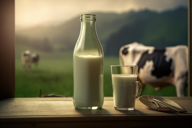 A glass jug of milk and a jar of cream on a wooden table