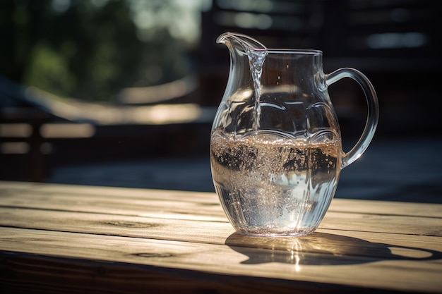 A glass jug of water sits on a wooden table generative ai