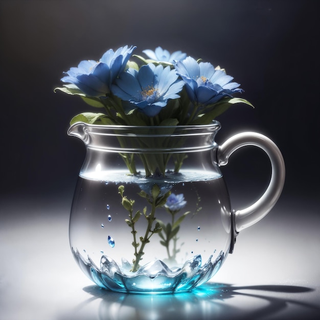 A glass jug with blue flowers is filled with water