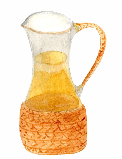 Glass jug with oil in a wicker stand Bright isolated watercolor drawing