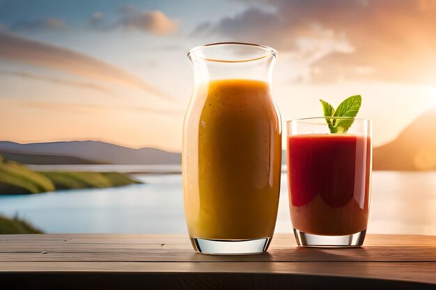 A glass of juice and a bottle of juice next to each other