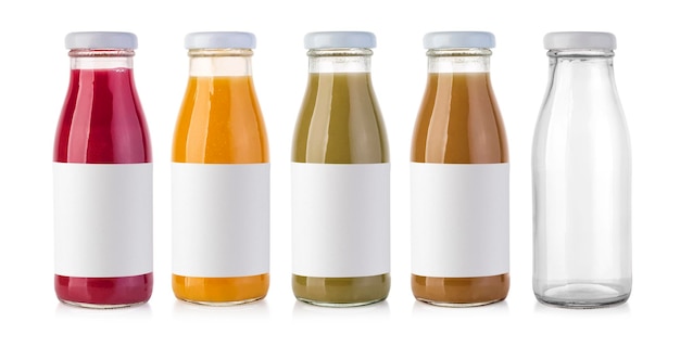 Glass juice bottles isolated on white with white empty label