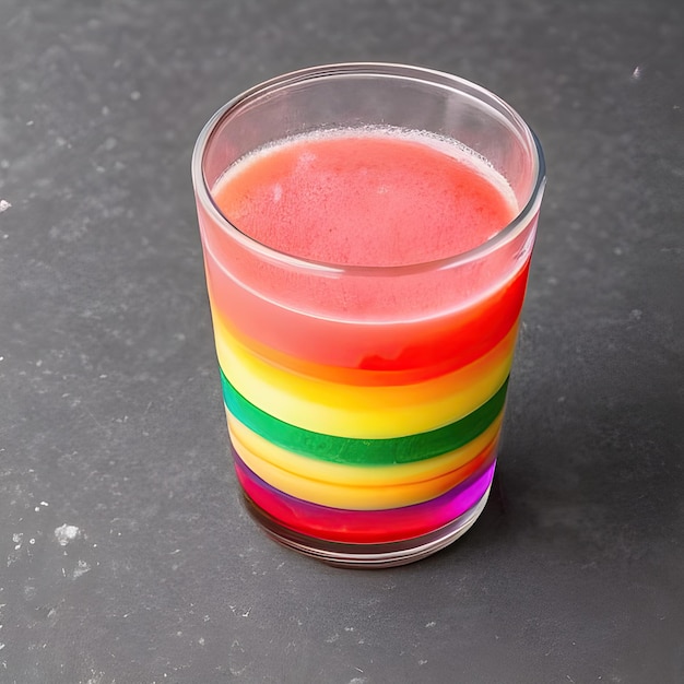 A glass of juice cocktail with rainbow stripes on it