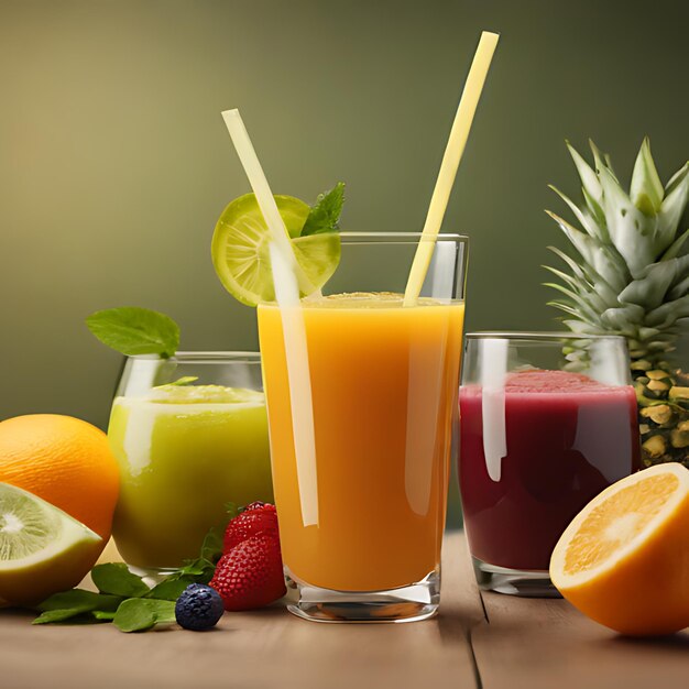 a glass of juice and fruit sits on a table