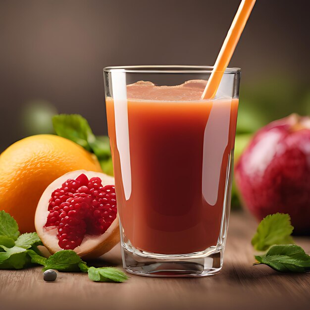 a glass of juice and fruit on a table