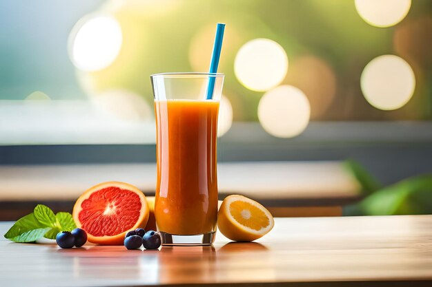 a glass of juice and fruit on a table.