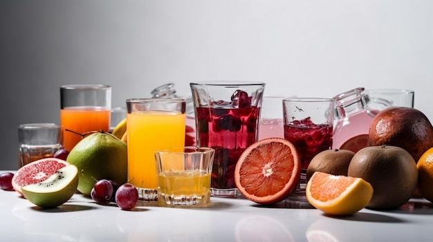 A glass of juice and fruit on a table