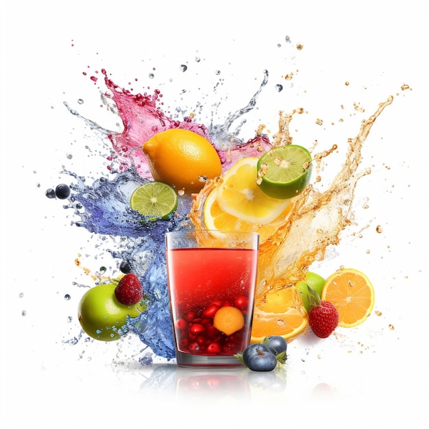 a glass of juice and fruit on a white background.