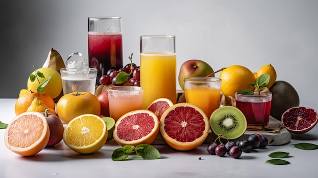 A glass of juice next to a glass of juice and fruit