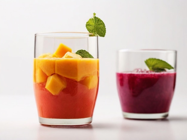 a glass of juice next to a glass with a mint leaf on it