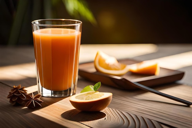 A glass of juice is placed on the table