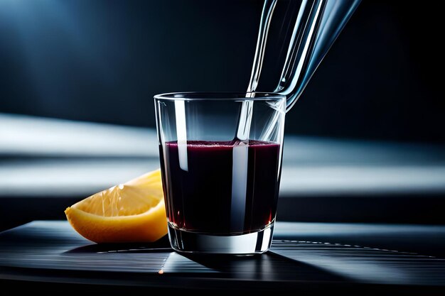 A glass of juice next to an orange and a half full glass of juice