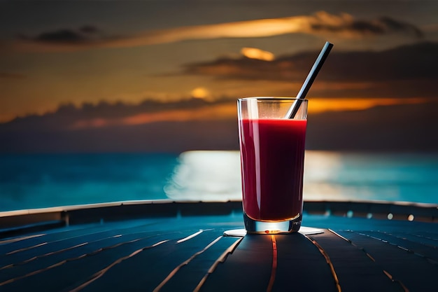 a glass of juice sits on a table in front of a sunset.