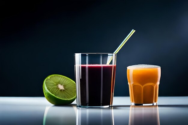 a glass of juice next to two glasses of juice and a half lime.