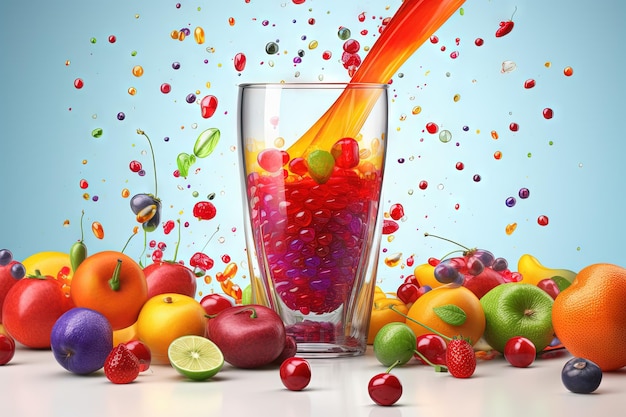 Glass of juice with fruits and berries on the table Drink splash of sweet organic cocktail Generated AI