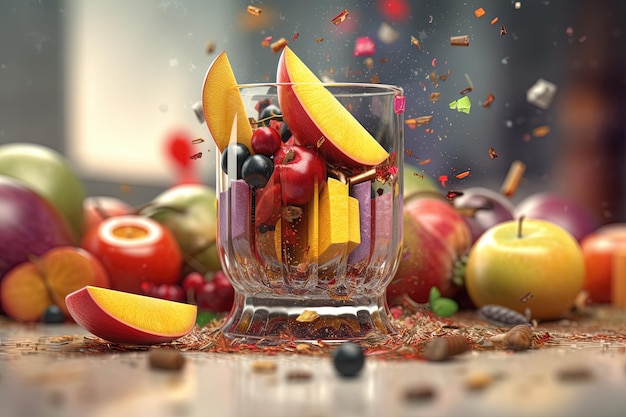 테이블에 과일과 베리와 함께 주스 한 잔 달한 유기 테일의 스플래시를 마시기 AI 생성