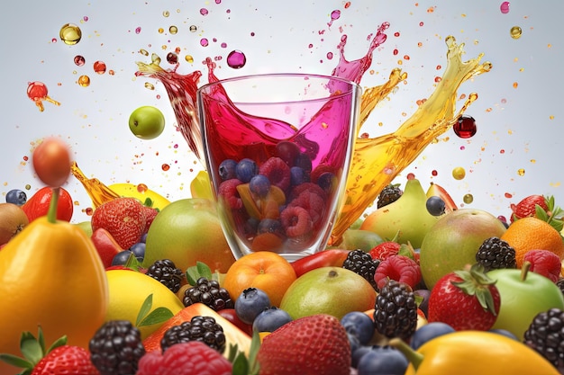 Glass of juice with fruits and berries on the table Drink splash of sweet organic cocktail Generated AI