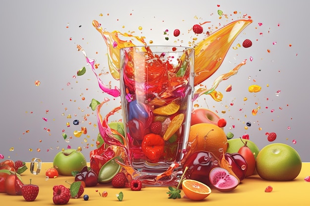 Glass of juice with fruits and berries on the table Drink splash of sweet organic cocktail Generated AI