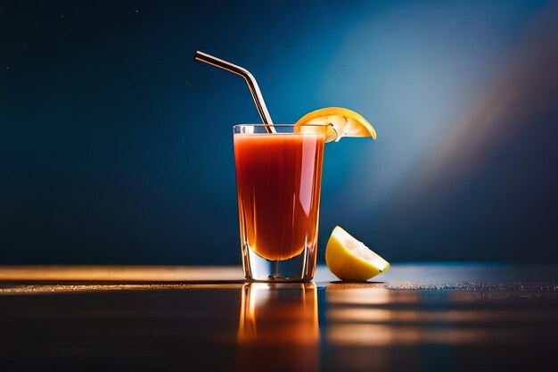 a glass of juice with a lemon and a slice of lemon on the table.