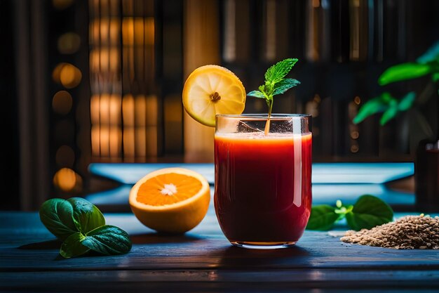 a glass of juice with an orange and a slice of lime.