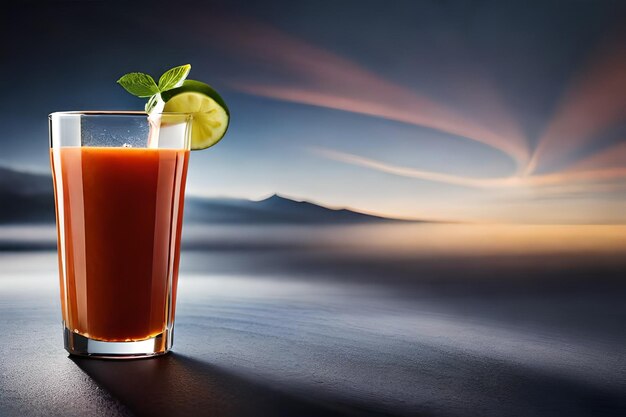 a glass of juice with a slice of lime on the table.