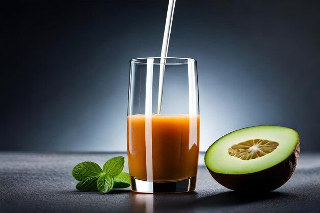 a glass of juice with a spoon in it and a half of a cucumber in the background.