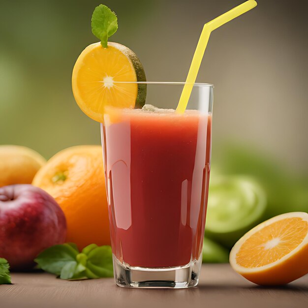 a glass of juice with a straw in it and a straw