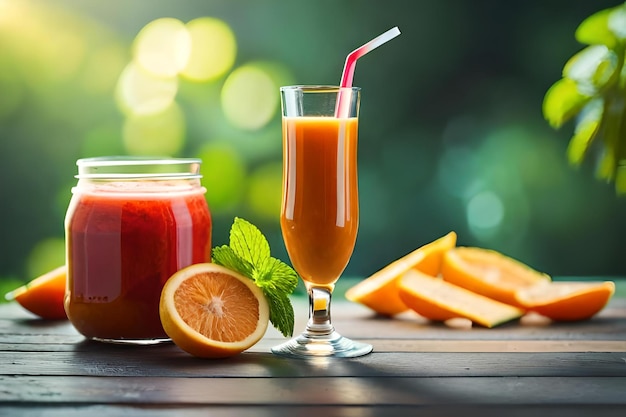 A glass of juice with a straw in it