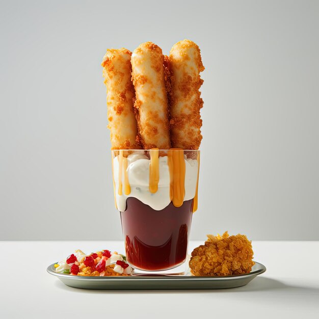 Photo a glass of ketchup with a glass of ketchup and a plate of fried shrimp