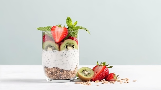 A glass of kiwi chia pudding with kiwi and kiwi on the side.