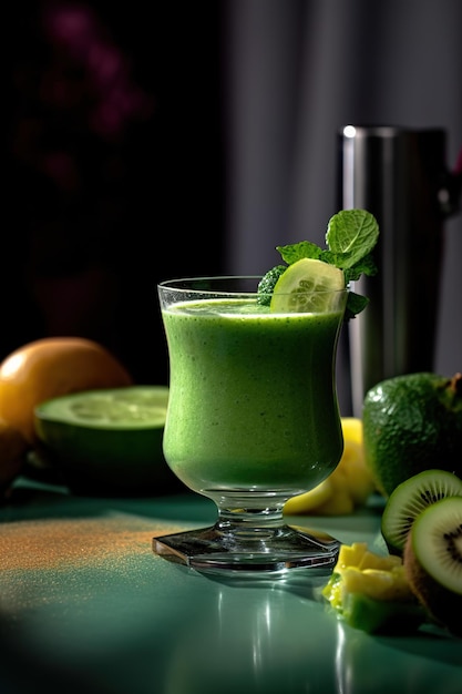 A glass of kiwi smoothie with a green drink in the background.