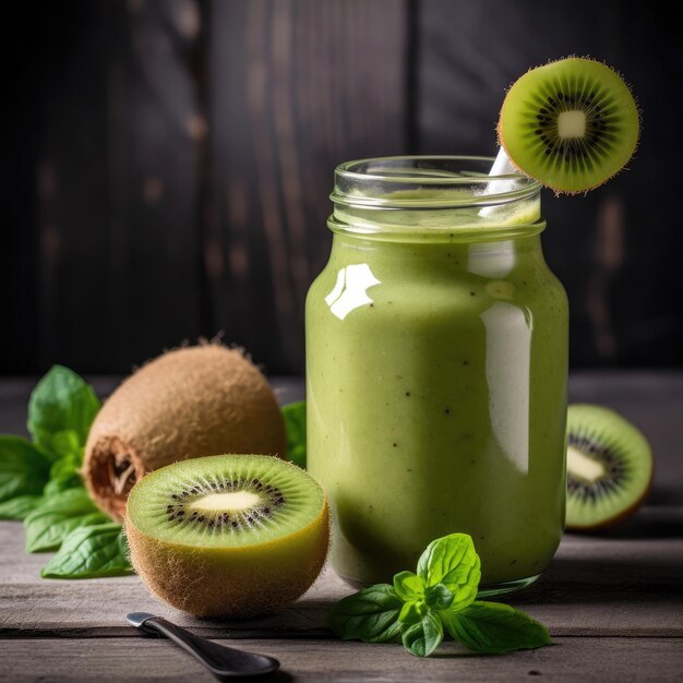 A glass of kiwi smoothie with a straw is next to a whole kiwi.