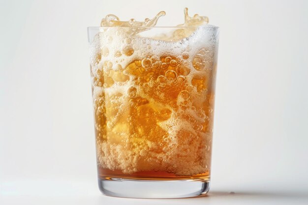 A glass of kombucha with SCOBY on a white background