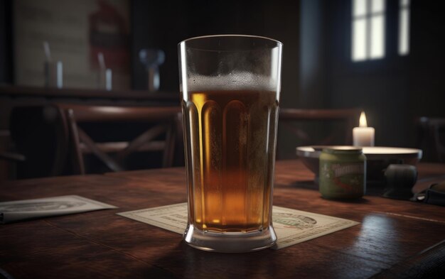 A glass of lager beer on a table in a bar or pub fresh light beer illustration ai generated